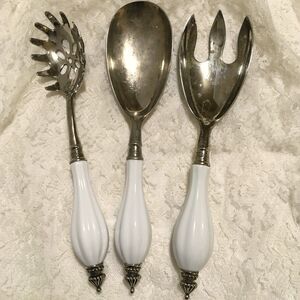 Vintage Godinger Serving Utensils Set White Porcelain Handles Serve ware